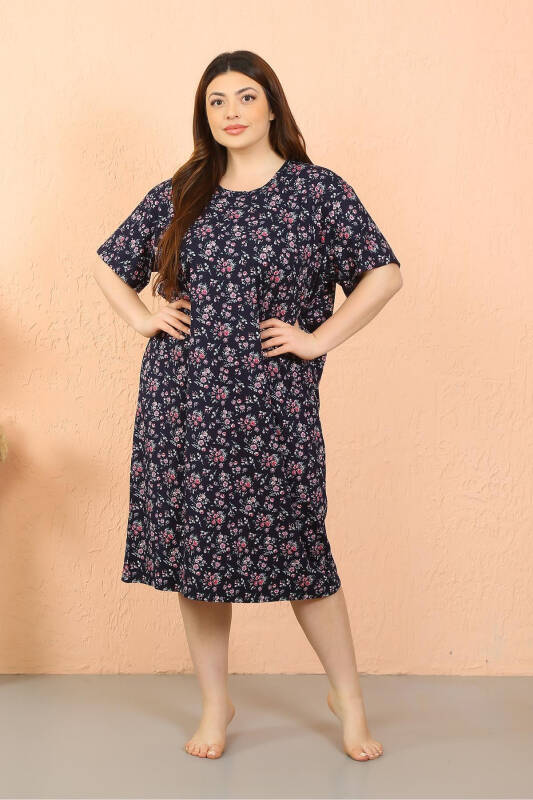 Akbeniz Women's Plus Size Cotton Short Sleeve Navy Blue Nightgown 12503 - 1