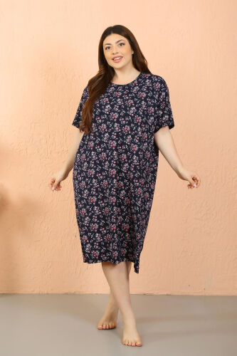 Akbeniz Women's Plus Size Cotton Short Sleeve Navy Blue Nightgown 12503 - 3
