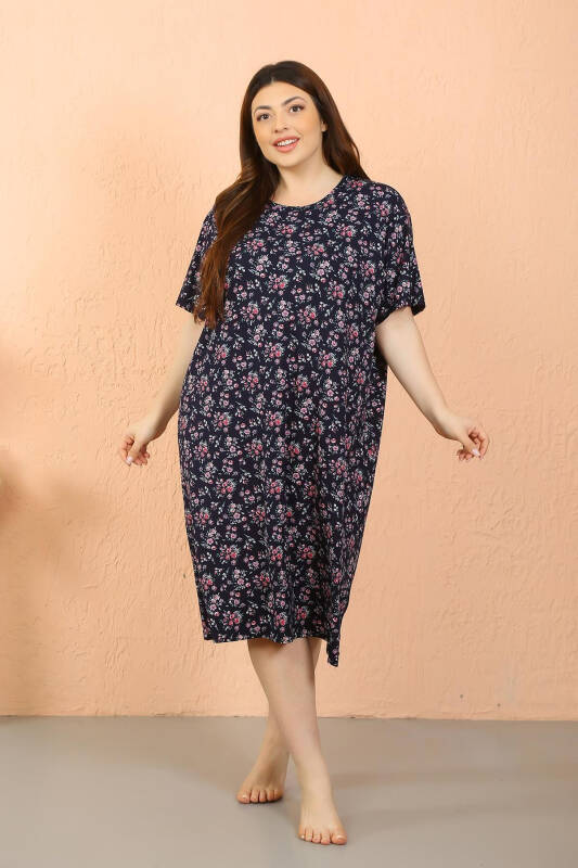 Akbeniz Women's Plus Size Cotton Short Sleeve Navy Blue Nightgown 12503 - 3