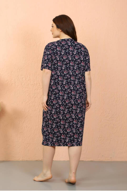 Akbeniz Women's Plus Size Cotton Short Sleeve Navy Blue Nightgown 12503 - 7