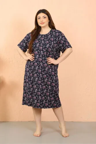 Akbeniz Women's Plus Size Cotton Short Sleeve Navy Blue Nightgown 12503 - Modazone