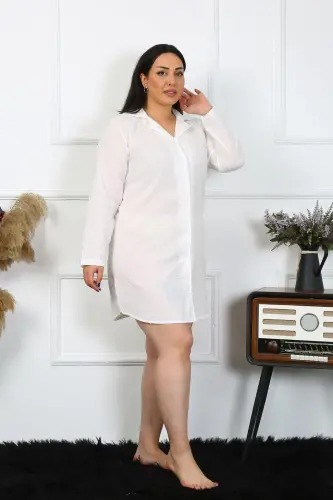 Akbeniz Women's Plus Size Cotton Woven Buttoned Long Sleeve Ecru Tunic Nightgown 12201 - 1