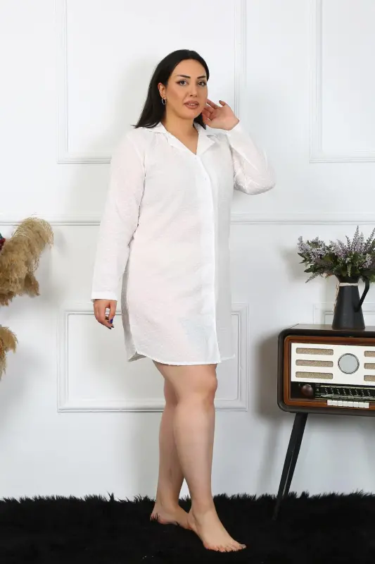 Akbeniz Women's Plus Size Cotton Woven Buttoned Long Sleeve Ecru Tunic Nightgown 12201 - 1