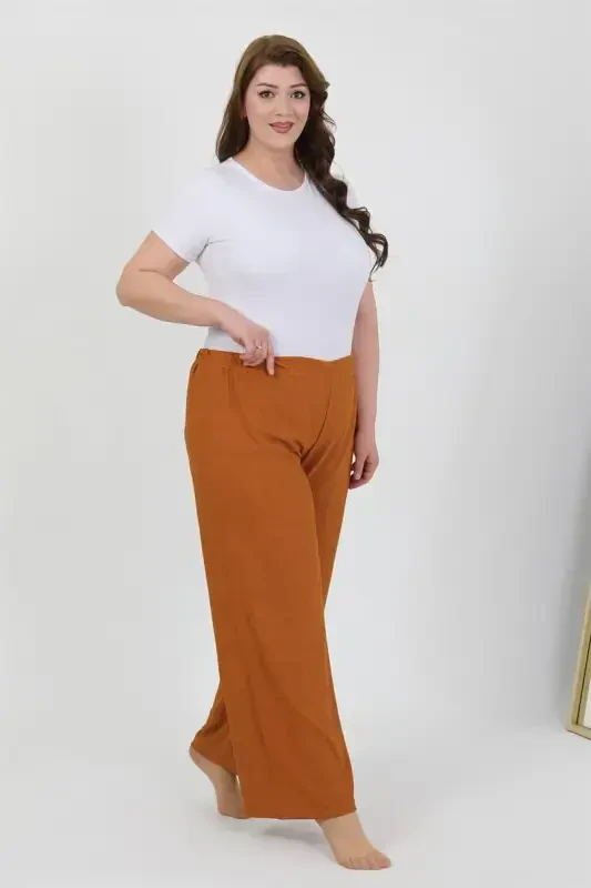 Akbeniz Women's Plus Size Crinkle Pants 210076 Brick Red - AKBENIZ