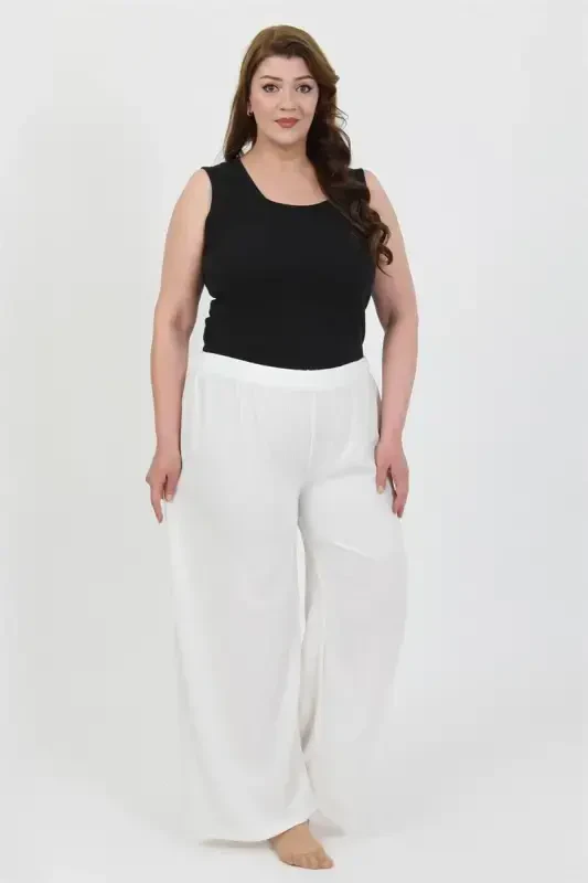 Akbeniz Women's Plus Size Crinkle Pants 210076 White - AKBENIZ