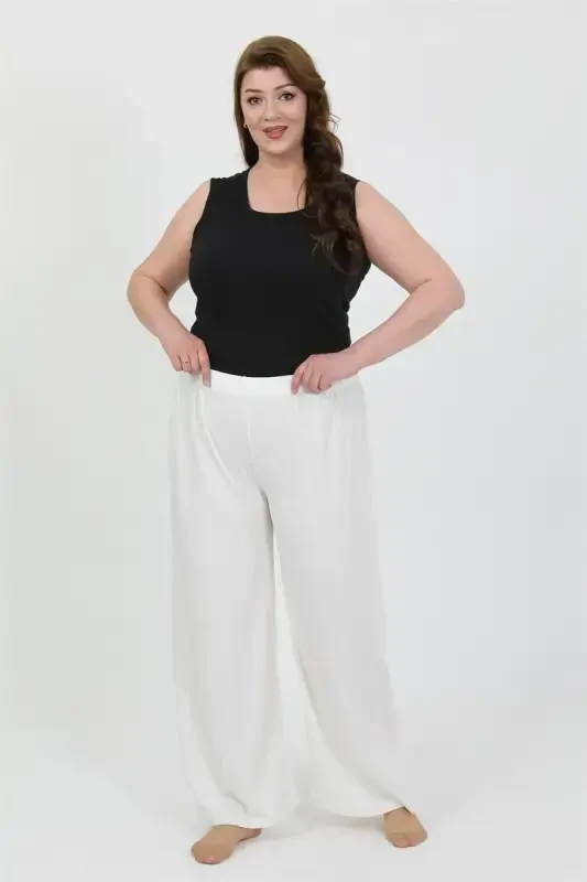 Akbeniz Women's Plus Size Crinkle Pants 210076 White - 4