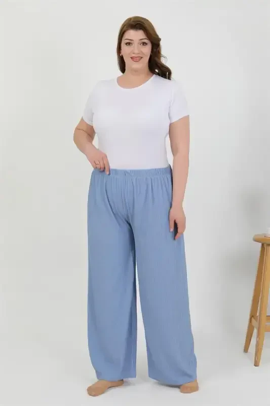 Akbeniz Women's Plus Size Crumpled Pants 210076 Blue - 1