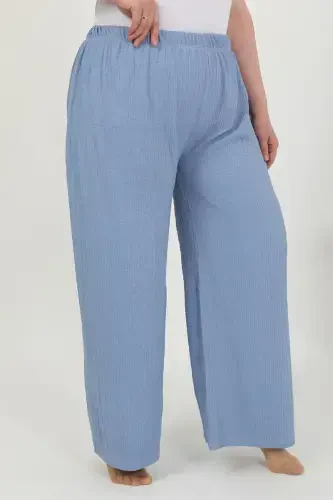 Akbeniz Women's Plus Size Crumpled Pants 210076 Blue - 3