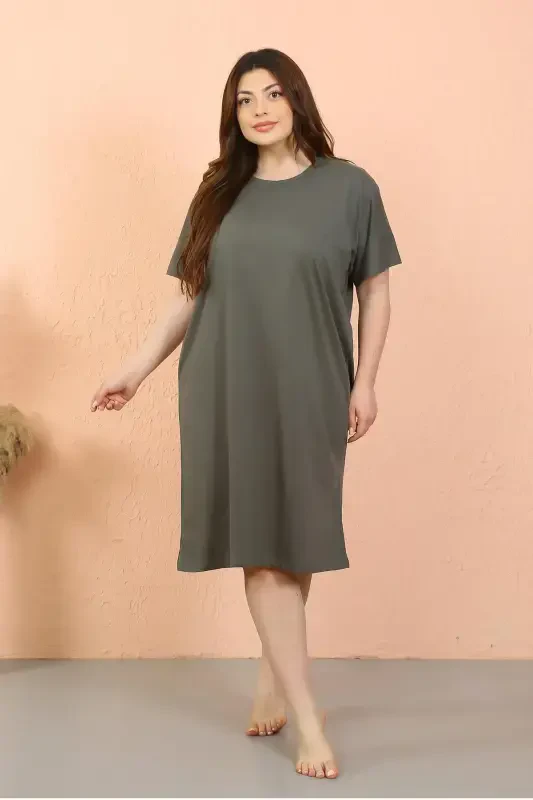 Akbeniz Women's Plus Size Jersey Short Sleeve Khaki Nightgown 12502 - 6