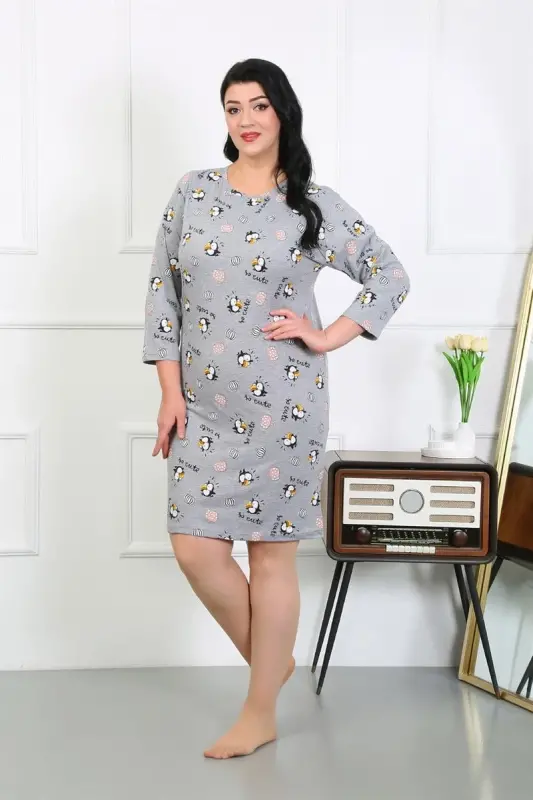 Akbeniz Women's Plus Size Knitted Nightdress Home Dress Gray 12507 - 3