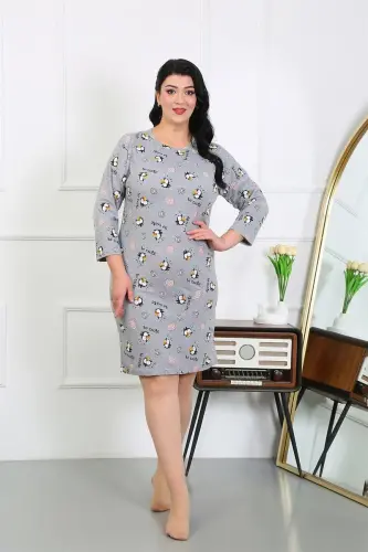 Akbeniz Women's Plus Size Knitted Nightdress Home Dress Gray 12507 - 4
