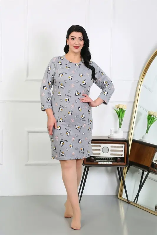 Akbeniz Women's Plus Size Knitted Nightdress Home Dress Gray 12507 - 4