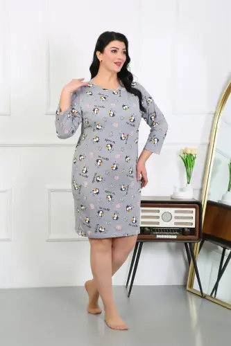 Akbeniz Women's Plus Size Knitted Nightdress Home Dress Gray 12507 - 6