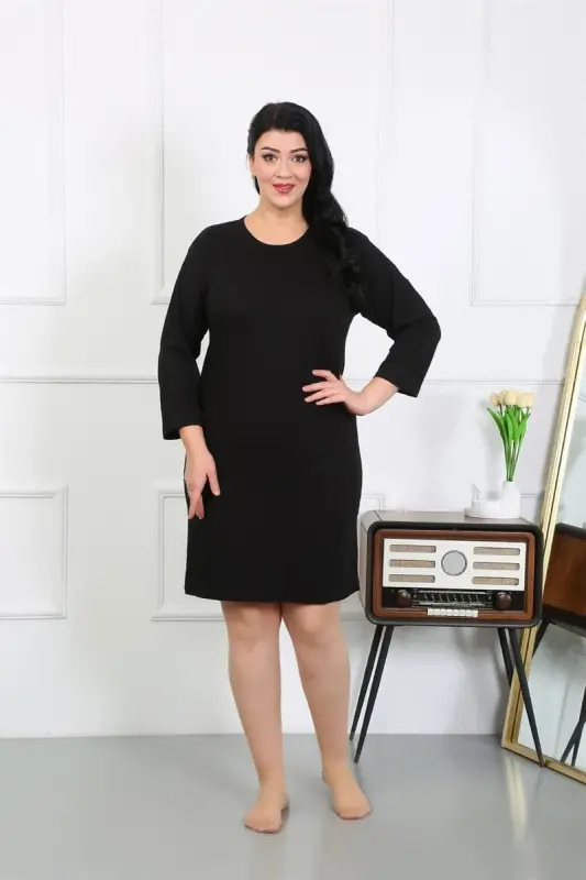Akbeniz Women's Plus Size Knitted Nightgown Home Dress Black 12506 - 1