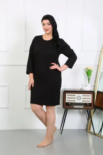 Akbeniz Women's Plus Size Knitted Nightgown Home Dress Black 12506 - 4