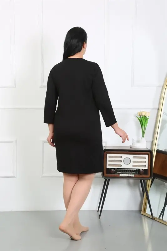 Akbeniz Women's Plus Size Knitted Nightgown Home Dress Black 12506 - 5