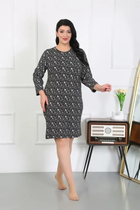 Akbeniz Women's Plus Size Knitted Nightgown Home Dress Black 12507 - 2