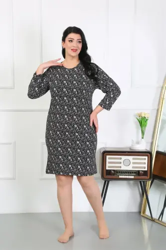 Akbeniz Women's Plus Size Knitted Nightgown Home Dress Black 12507 - 3