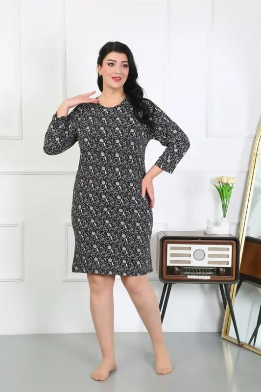 Akbeniz Women's Plus Size Knitted Nightgown Home Dress Black 12507 - 3