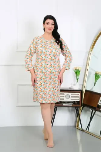 Akbeniz Women's Plus Size Knitted Nightgown Home Dress Cream 12507 - 3