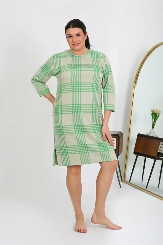Akbeniz Women's Plus Size Knitted Nightgown Home Dress Green 12508 - 5