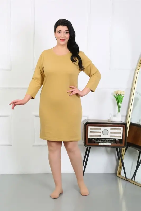 Akbeniz Women's Plus Size Knitted Nightgown Home Dress Mustard 12506 - 6