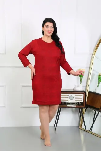 Akbeniz Women's Plus Size Knitted Nightgown Home Dress Red 12507 - 5