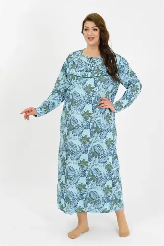 Akbeniz Women's Plus Size Long Sleeve Blue Mother Nightgown 1378 - 4