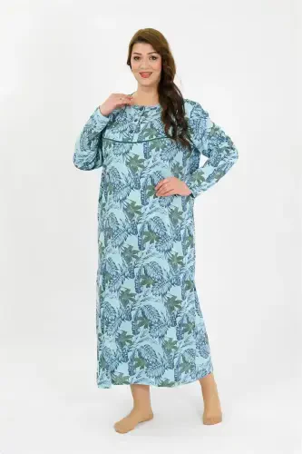 Akbeniz Women's Plus Size Long Sleeve Blue Mother Nightgown 1378 