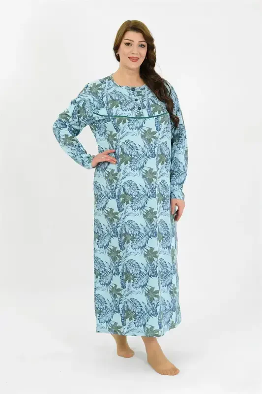Akbeniz Women's Plus Size Long Sleeve Blue Mother Nightgown 1378 - 2