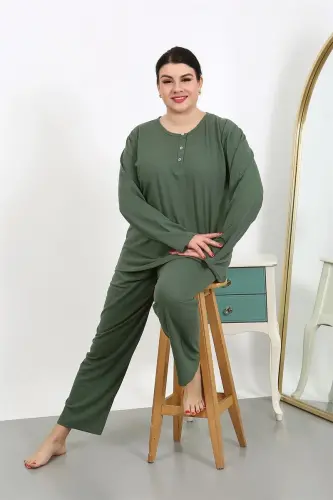 Akbeniz Women's Plus Size Long Sleeve Cotton Pajama Set Khaki 202501 - 5