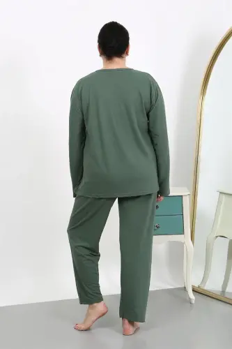 Akbeniz Women's Plus Size Long Sleeve Cotton Pajama Set Khaki 202501 - 7