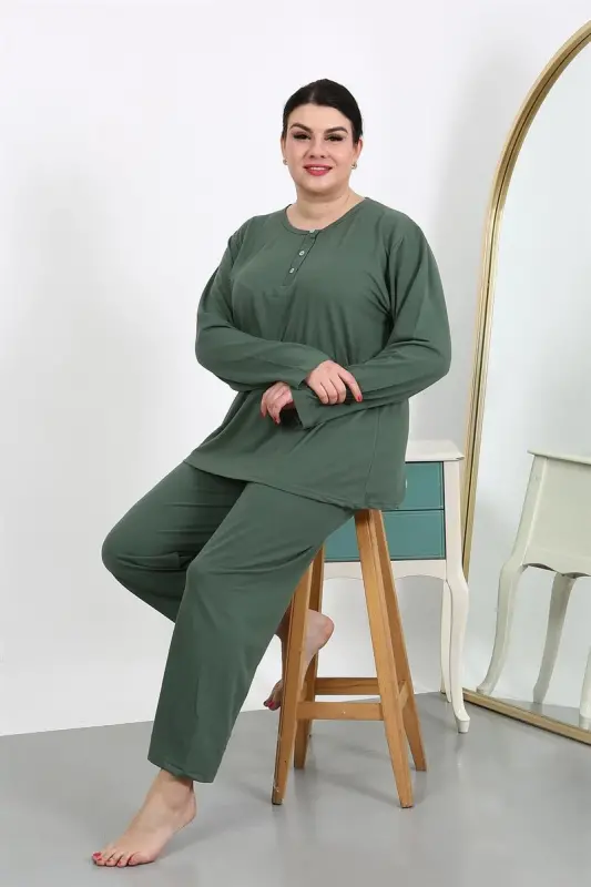 Akbeniz Women's Plus Size Long Sleeve Cotton Pajama Set Khaki 202501 - 2