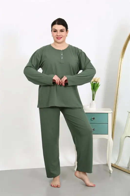 Akbeniz Women's Plus Size Long Sleeve Cotton Pajama Set Khaki 202501 - 3