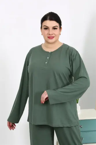 Akbeniz Women's Plus Size Long Sleeve Cotton Pajama Set Khaki 202501 - 4