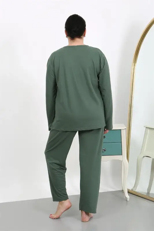 Akbeniz Women's Plus Size Long Sleeve Cotton Pajama Set Khaki 202501 - 7