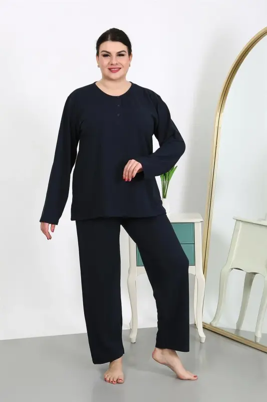 Akbeniz Women's Plus Size Long Sleeve Cotton Pajama Set Navy Blue 202501 - AKBENIZ
