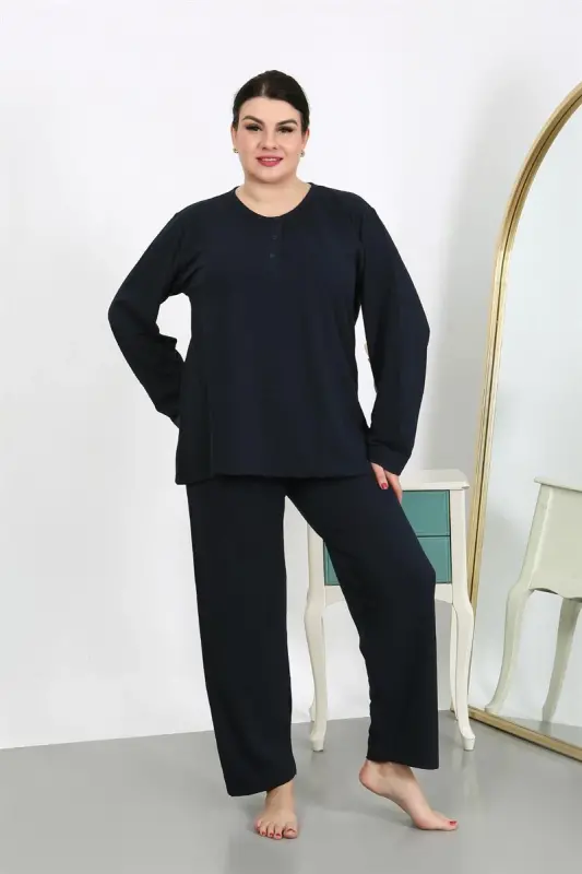 Akbeniz Women's Plus Size Long Sleeve Cotton Pajama Set Navy Blue 202501 - 3