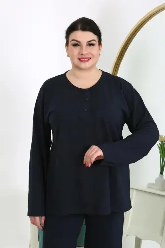 Akbeniz Women's Plus Size Long Sleeve Cotton Pajama Set Navy Blue 202501 - 4