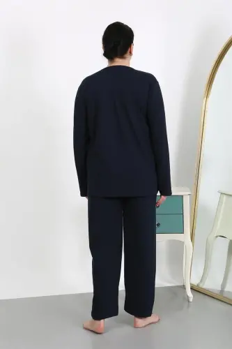 Akbeniz Women's Plus Size Long Sleeve Cotton Pajama Set Navy Blue 202501 - 5