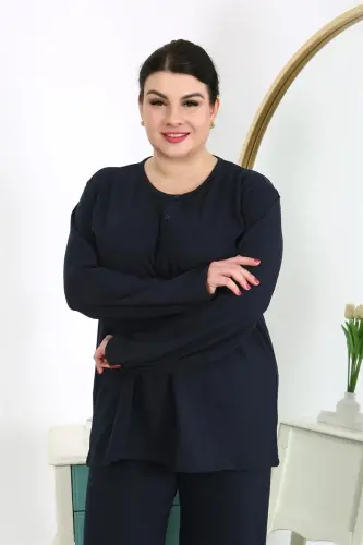 Akbeniz Women's Plus Size Long Sleeve Cotton Pajama Set Navy Blue 202501 - 6