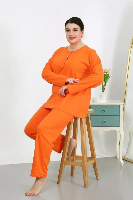 Akbeniz Women's Plus Size Long Sleeve Cotton Pajama Set Orange 202501 - AKBENIZ