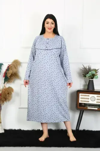 Akbeniz Women's Plus Size Long Sleeve Indigo Mom Nightgown 1366 - 1