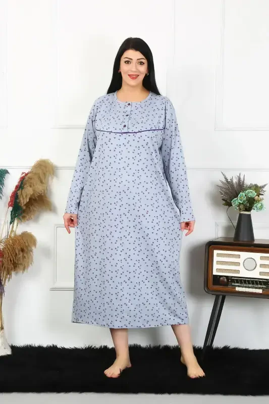 Akbeniz Women's Plus Size Long Sleeve Indigo Mom Nightgown 1366 - AKBENIZ