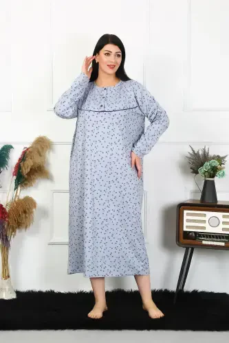 Akbeniz Women's Plus Size Long Sleeve Indigo Mom Nightgown 1366 - AKBENIZ (1)