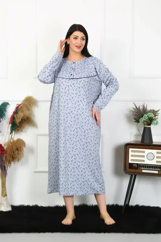 Akbeniz Women's Plus Size Long Sleeve Indigo Mom Nightgown 1366 - 2