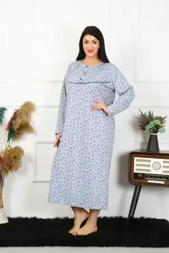 Akbeniz Women's Plus Size Long Sleeve Indigo Mom Nightgown 1366 - 3
