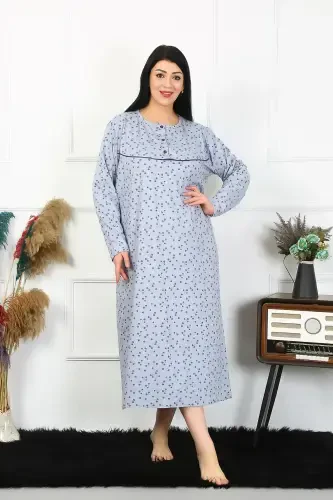 Akbeniz Women's Plus Size Long Sleeve Indigo Mom Nightgown 1366 - 6