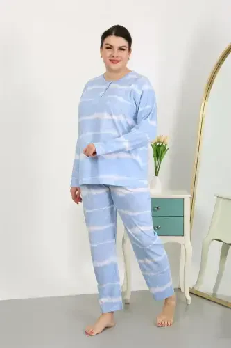 Akbeniz Women's Plus Size Long Sleeve Knit Pajama Set Blue 202502 - 3