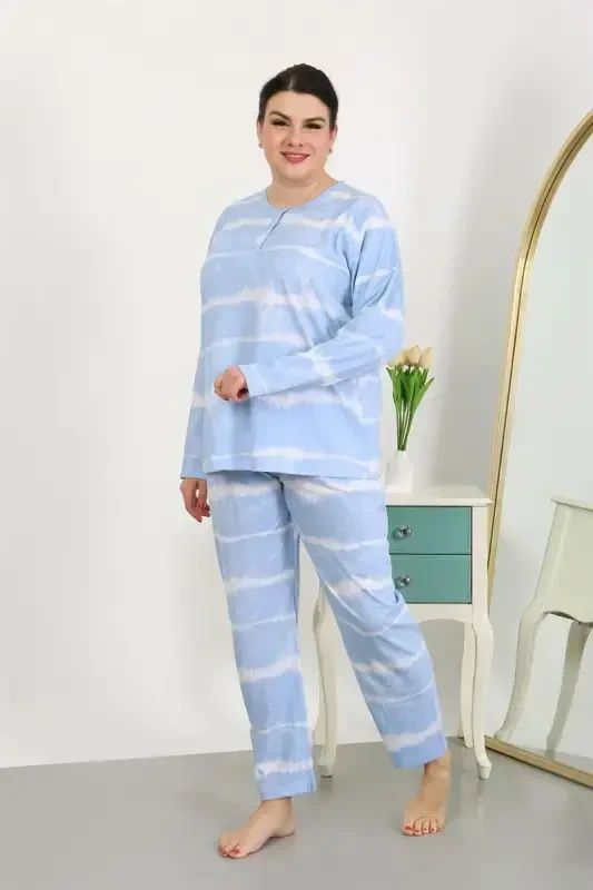 Akbeniz Women's Plus Size Long Sleeve Knit Pajama Set Blue 202502 - 3